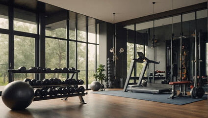 Fototapeta na wymiar home gym interior home, gym, interior, fitness, exercise, machine, room, sport, equipment, lifestyle, empty, health, healthy, design, modern, estate, fit, indoor, luxurious, luxury, private, concept, 