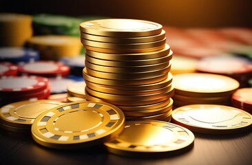 Golden casino chips stacked on dark background. Poker game