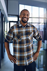 Black man, office and portrait with happy, smile and confidence from design work and job. Architect, entrepreneur and proud professional at an architecture company ready for working at a startup