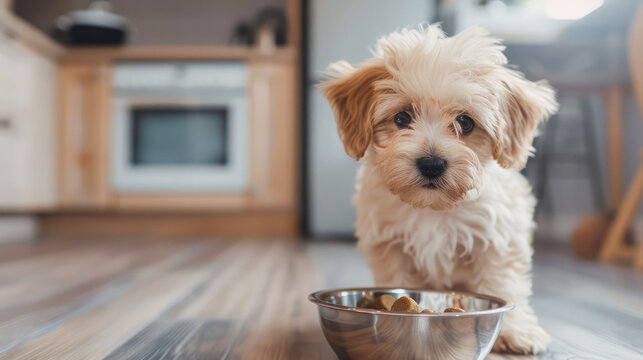 Little cute shaggy maltipoo puppy sitting near his food bowl