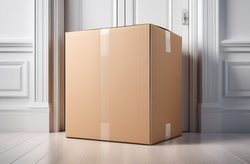 Delivered parcels at door. Cardboard box at the white closed door, delivery. 