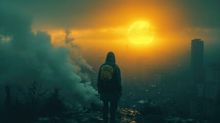 Obraz premium Global crisis. City streets after rocket bomb explosion. End of world. Apocalypse catastrophe danger. Air pollution smoke. Environment climate problem. Third world war. Big issue concept Dirty ecology