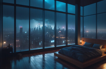 Interior of bedroom with dark blankets on bed,  and glowing lamp at night, raining outside