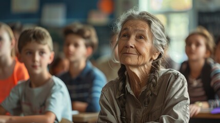 Obraz premium grandmother being a student in a classroom with her teenage classmates. learning concept, senior citizens, classes, grade