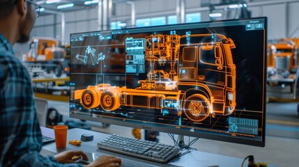 A computer monitor displays a drawing of a truck
