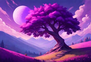landscape with purple tree and moon