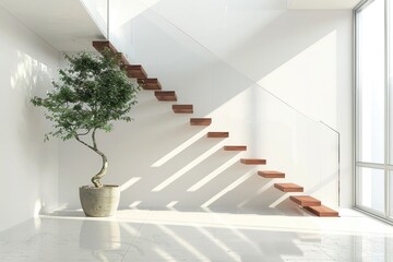 Green tree in pot with stairs and white wall