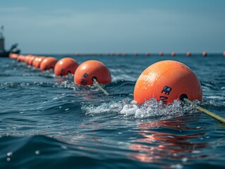 A row of orange buoys float in the water. The buoys are connected by a rope