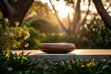 Wooden platform on table in woodland landscape, under morning sunlight. Wood podium in green garden, inwarm glow of sunset, natural backdrop of trees and grass for product display