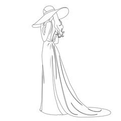 Vector contour drawing of an elegant mysterious young woman in a hat and a long dress with a train.
