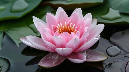 Pink flower floats pond water