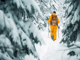 A man in a yellow jacket is walking through a snowy forest. He is wearing skis and carrying a backpack. The scene is peaceful and serene, with the snow-covered trees creating a beautiful