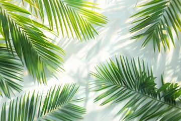 Lush palm fronds swaying gently on a transparent white backdrop, creating a tropical ambiance