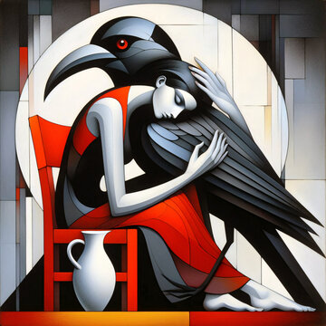 woman hugging a black crow, abstract art
