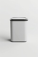 Modern white kitchen trash can with black lid on plain background