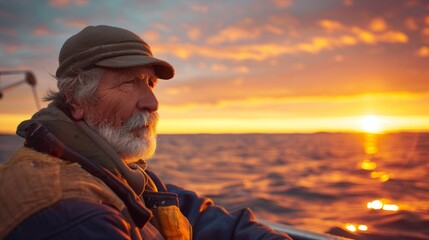Obraz premium Fisherman, portrait wrinkles from sunlight exposure. Boats, ships and water or fishing for work, closeup and senior male angler for career by ocean