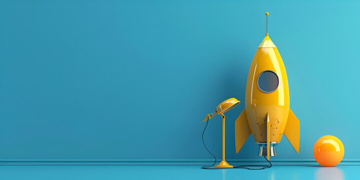 Pastel yellow rocket on a pastel blue backdrop creative business spaceship sketch and yellow lamp in blue room background