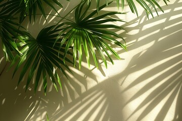 Exotic palm leaves cast rhythmic shadows against a white wall, creating a captivating close-up background.