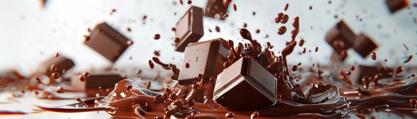 A bunch of chocolate chunks falling into a pool of melted chocolate.