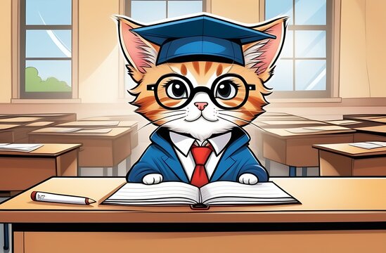 Illustration cartoon character cat with glasses, graduation cap, red tie is sitting with notebook at school desk against background of windows, concept of education is "back to school"