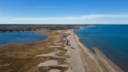 Aerial Drone View Of A Beautiful Beach and Boardwalk On The Coast Of The Atlantic Ocean in...