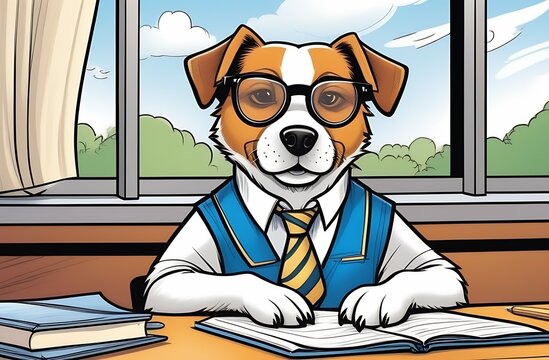 Illustration cartoon character dog in glasses, tie, school uniform, sitting with textbook at table in background of large windows , concept of education - "back to school", distance learning