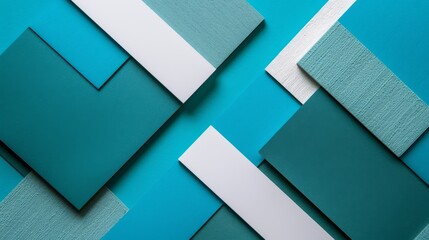 Abstract design of teal and white geometric shapes on blue background