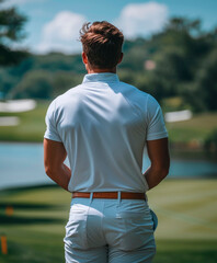 Fototapeta premium A golfer or his assistant caddie on a green field with a club and ball and plays golf. Concept: sports competitions