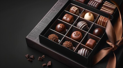 An elegant wooden box of chocolates with satin ribbon, showcasing an assortment of different types and shapes of chocolate in shades of dark brown, white, milk, and caramel. 