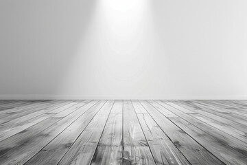 A minimalist stage set against a white blank background, featuring a sleek, polished wooden floor