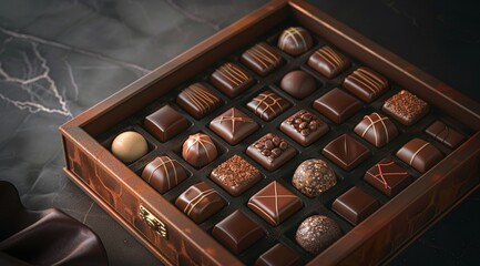 An elegant wooden box of chocolates with satin ribbon, showcasing an assortment of different types...