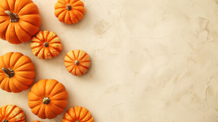 Small orange pumpkins arranged on table