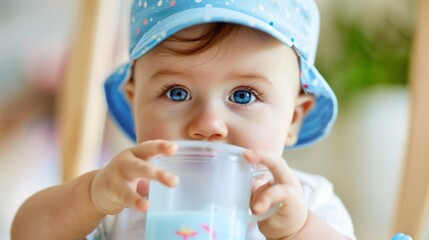Baby in a Blue Hat Drinking From a Cup