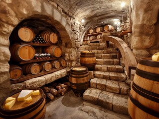 A cellar with many barrels of wine and a cheese wheel. The cellar is dark and has a musty smell