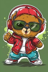 hip hop inspired cartoon illustration of a cute teddy bear wearing street clothes, hat, sunglasses and headphones. the teddy bear is in a cheerful and energetic pose