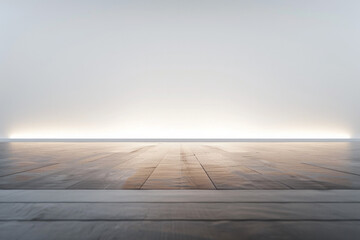 A minimalist stage set against a white blank background, featuring a sleek, polished wooden floor