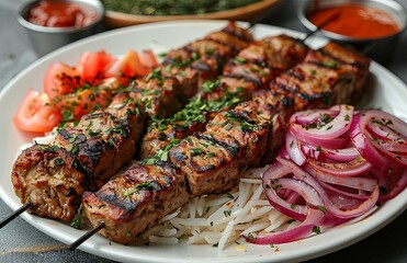 Plated kebab with tangy mustard and pickled onions, a savory delight for discerning palates