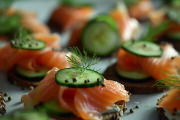 Close-Up Elegant Smoked Salmon Canapes. Close-up of elegant smoked salmon canapes, ideal for catering and celebrations.