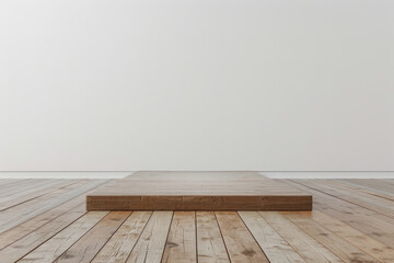 A minimalist stage set against a white blank background, featuring a sleek, polished wooden floor