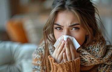close-up of a young woman at home sneezing into a tissue due to illness