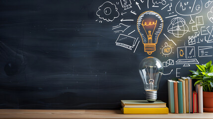 A light bulb with doodles of icons, symbolizing creative thinking in blackboard background. Copy space area. Teachers day. Back to school. Student day