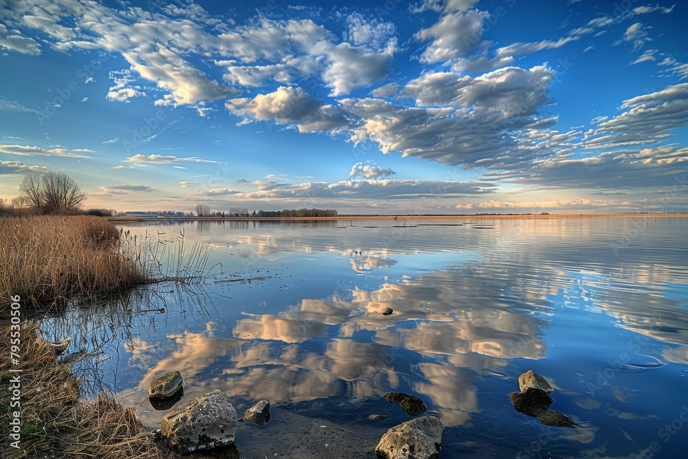 Wall mural Peaceful lake with scattered altocumulus clouds