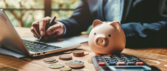 Financial concept image featuring a piggy bank with a businessman using a calculator, surrounded by coins on a wooden table,