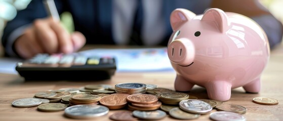 Financial planning setup with a piggy bank, coins, a calculator, and a businessman, all arranged on a traditional wooden table for a professional look,