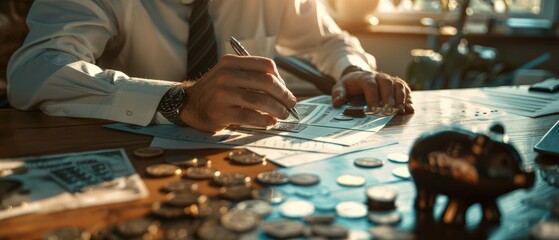 Business and savings theme showing a businessman at a wooden table, calculating finances with a piggy bank and scattered coins, - obrazy, fototapety, plakaty