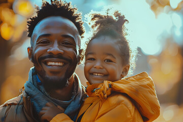 A joyful portrait of a father and son spending a fun weekend together, with selective focus and copy space. - obrazy, fototapety, plakaty