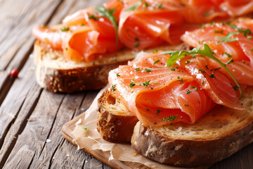 Close-Up Gourmet Smoked Salmon on Bread. Close-up of smoked salmon on whole grain bread, ideal for...