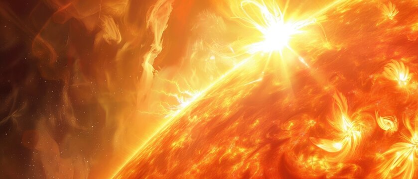 Closeup image of the sun showcasing a vivid solar storm, capturing the dynamic activity and energy in space,