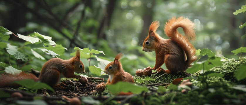 A family of red squirrels foraging for nuts in a lush forest, wildlife phtography