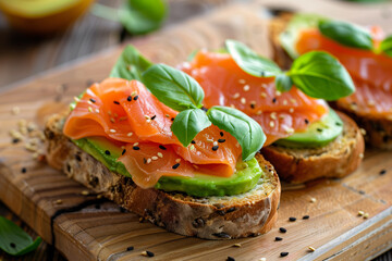 Close-Up Gourmet Smoked Salmon Avocado Toasts. Close-up of smoked salmon avocado toasts on a wooden board, ideal for recipe and culinary themes.